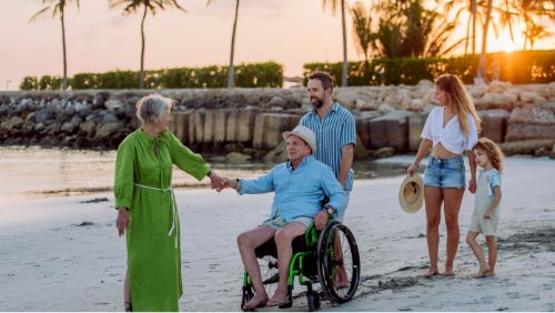 Mallorca barrierefrei: Familie geht mit Großvater im Rollstuhl an den Strand. Mallorca barrierefrei: Familie geht mit Großvater im Rollstuhl an den Strand.