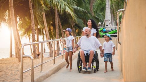 Mallorca rollstuhlgerechter Strand: Vater im Rollstuhl und seine Familie gehen an den Strand. Mallorca rollstuhlgerechter Strand: Vater im Rollstuhl und seine Familie gehen an den Strand.