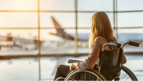 Fliegen mit Behinderung: Touristin wartet am Flughafen aufs Boarding. Fliegen mit Behinderung: Touristin wartet am Flughafen aufs Boarding.